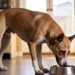 dog showing food aggression while eating from bowl