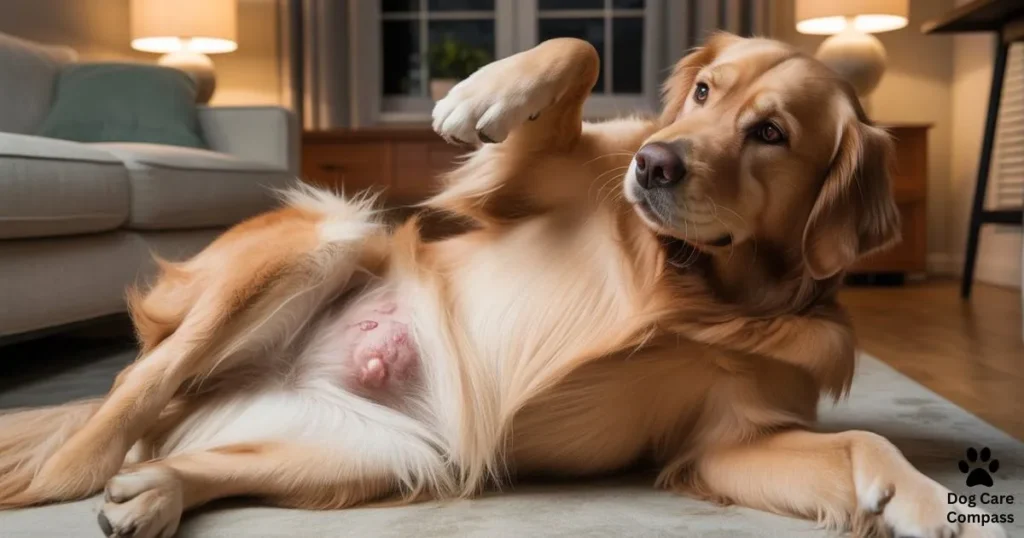 Golden Retriever scratching itchy skin on belly indoors