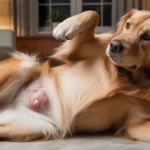 Golden Retriever scratching itchy skin on belly indoors