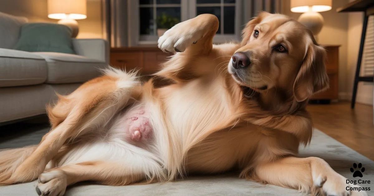 Golden Retriever scratching itchy skin on belly indoors