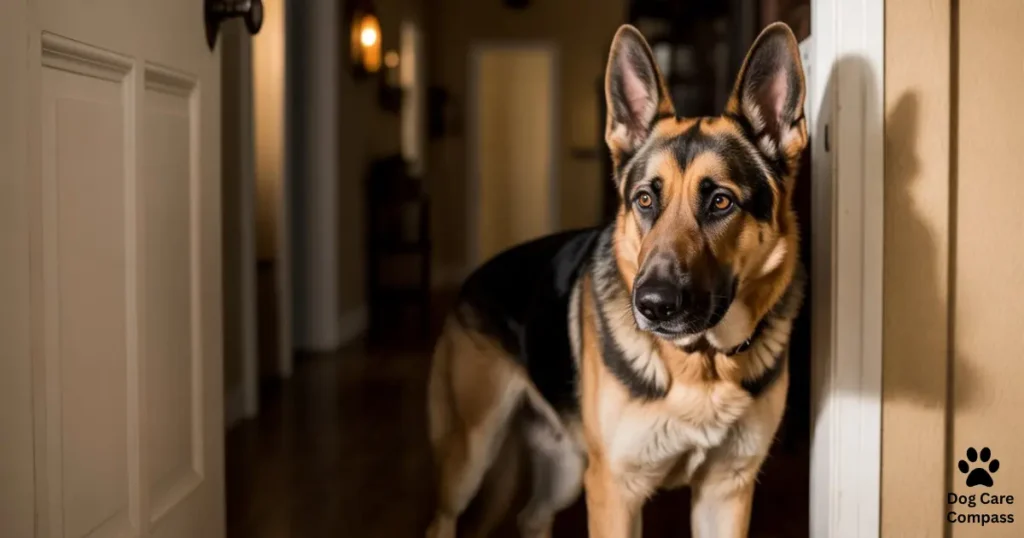 dog suddenly scared of hallway in house staring cautiously