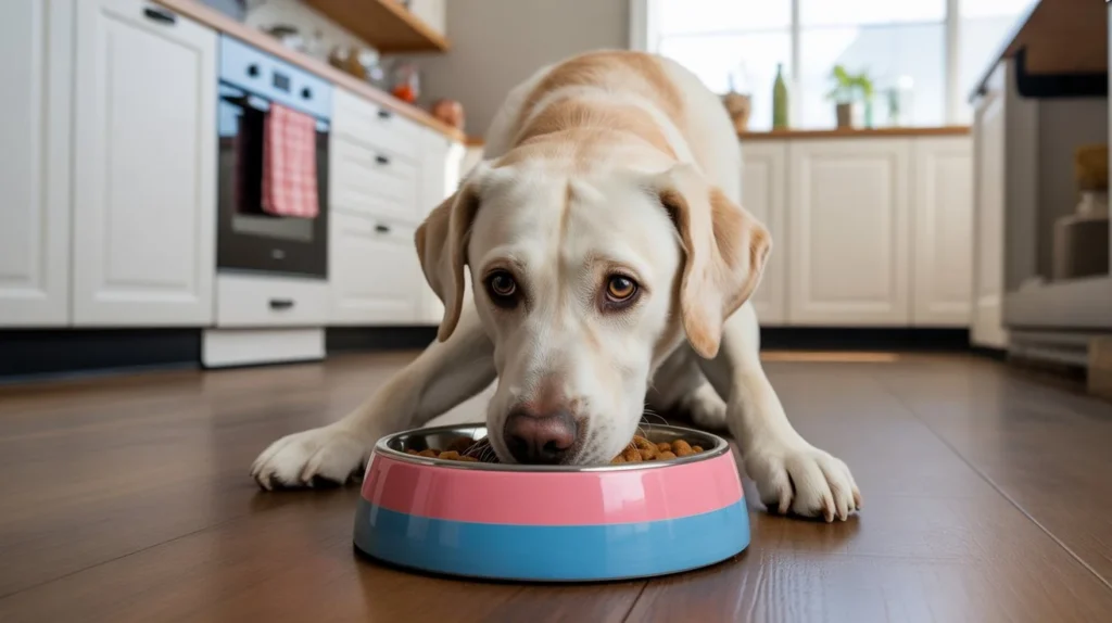 Dog eating from a slow feeder bowl to prevent vomiting