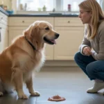 Dog looking sick after vomiting on the floor at home