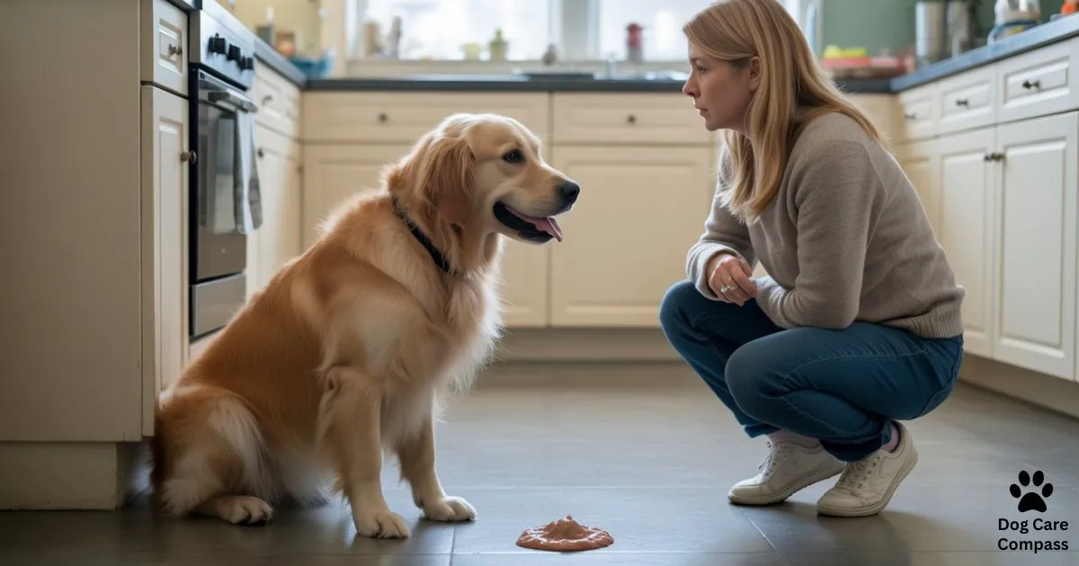 Dog looking sick after vomiting on the floor at home