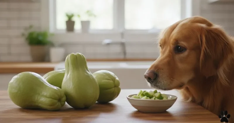 Dog looking at fresh chayote squash on a kitchen counter