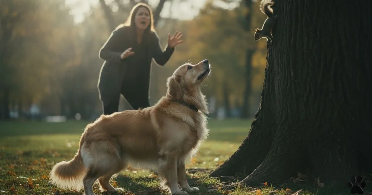 Dog ignoring owner calling name in park while distracted by squirrel