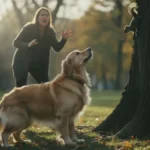 Dog ignoring owner calling name in park while distracted by squirrel