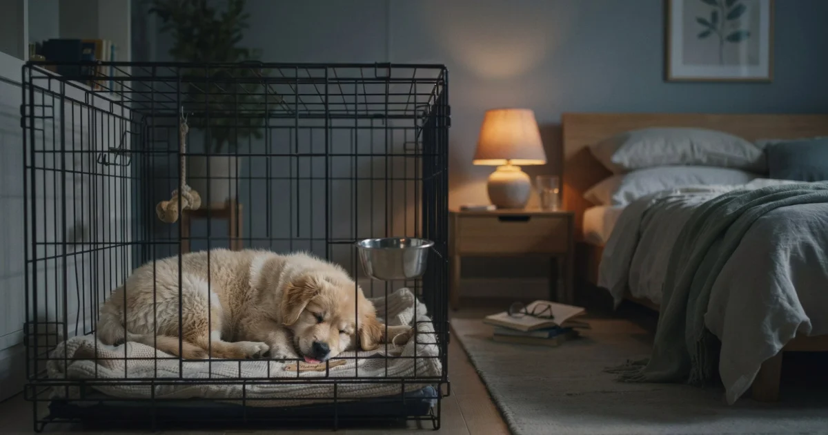 Puppy sleeping peacefully inside crate at night