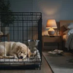 Puppy sleeping peacefully inside crate at night