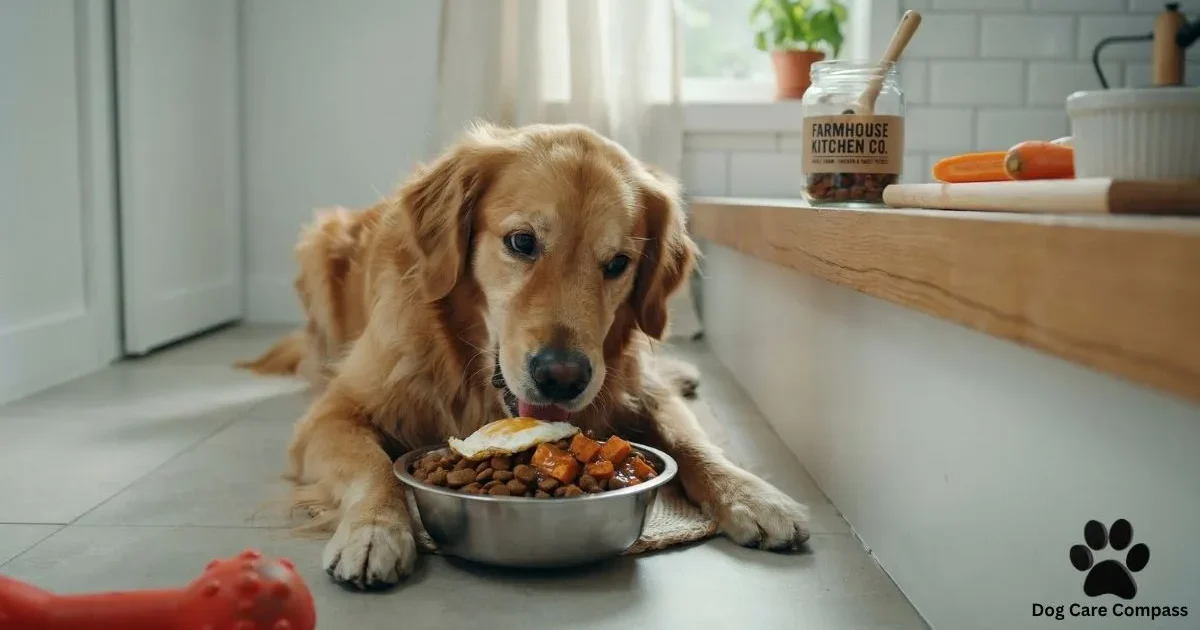 Alt Text: Picky dog eating kibble topped with homemade dog food toppers