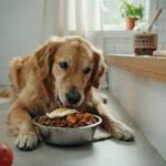 Alt Text: Picky dog eating kibble topped with homemade dog food toppers