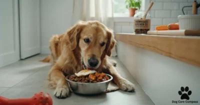 Alt Text: Picky dog eating kibble topped with homemade dog food toppers