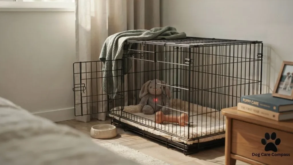 Comfortable puppy crate with bedding and toys