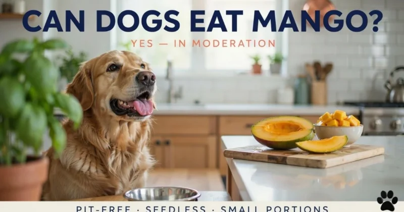 Can dogs eat mango — dog near mango fruit